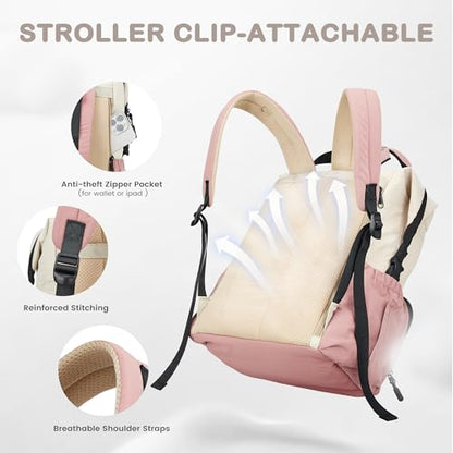 VONAL Diaper Bag Backpack, Lightweight Baby Diaper Bags, Travel Large Diaper Bag with Changing Station, Pink Diaper Backpack for Boys Girls Newborn with Insulated Pockets, Stroller Straps - color: Pink