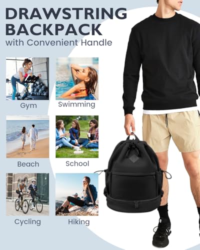 RHDZO Drawstring Backpack Sports Gym Bag with Shoe Compartment and Wet Pocket String Swim Bag for Women Men Beach Backpack, Black - color: Black