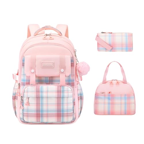 3Pcs Cute Backpack for Girls with Lunch Box & Pencil Case, Large Capacity Kids Bookbag for Elementary Middle School Students Waterproof Kawaii Preppy Aesthetic Plaid Backpack Age 4-16 - color: 3pcs Pink