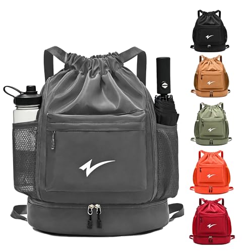 Sport Drawstring Backpack, Gym Bag with Mesh Side Pockets and Separate Shoe Compartment, Water-Resistant (Grey) - color: Grey