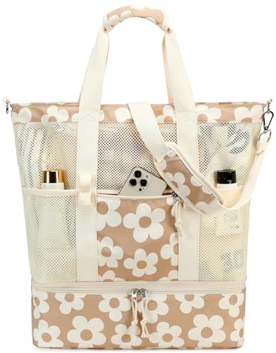 Bluboon Mesh Beach Tote Bag with Cooler Compartment Insulated Detachable Picnic Bag with Zipper and Pocket Pool Bag for Women - color: A-big Flower 157