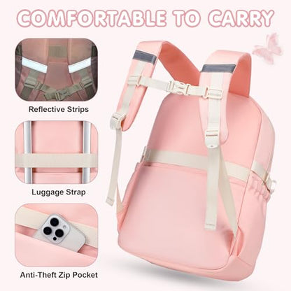 GeeWin Girls Backpack for School with Lunch Box & Pencil Case Set, 17 Inch Waterproof Cute Bow Girls Bookbag for Kids, Teens, Elementary Middle High College School Student (Pink/Beige) - color: Pink Beige