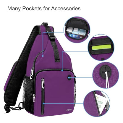 MOSISO Sling Backpack Bag, Crossbody Shoulder Bag Travel Hiking Daypack Chest Bag with Front Square Pocket&USB Charging Port - color: Plum