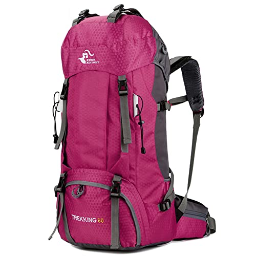 Bseash 60L Waterproof Hiking Camping Backpack with Rain Cover, Large Outdoor Sport Travel Daypack Rucksack for Climbing - color: Rose Red