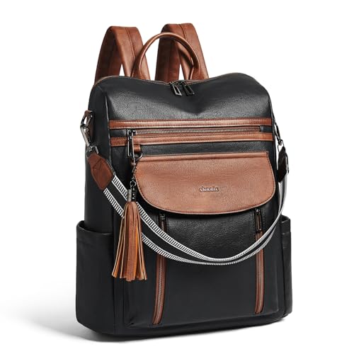 Shrrie Laptop Backpack for Women 15.6 inch,Travel Leather Backpack Purse Nurse Teacher Carry on Backpack Computer Bag,Professional Water-Resistant College Business Work Casual Daypack,Black with Brown - color: Black With Brown