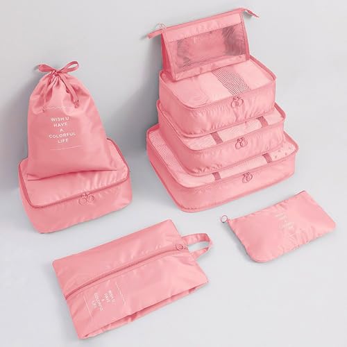 8 Set Packing Cubes for Suitcases, INVODA Travel Luggage Packing Organizers with Laundry Bag, Compression Storage Shoe Bag, Clothing Underwear Bag (Pink) - color: Pink