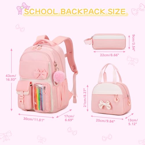 Girls Backpack, School Backpack for Girls, Cute Bow Kids Bookbag for Grils Children Teens for Elementary Middle High School Student, Back To School, Pink 3pcs - color: Pink-3pcs