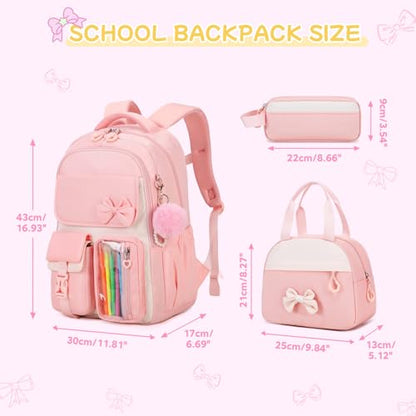 Girls Backpack, School Backpack for Girls, Cute Bow Kids Bookbag for Grils Children Teens for Elementary Middle High School Student, Back To School, Pink 3pcs - color: Pink-3pcs