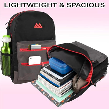 Summit Ridge Colorful Big Backpack for School Kids, Multi Pocket Backpack for Elementary, Middle School Girls, Boys with Padded Straps (Black/Red) - color: Black/Red