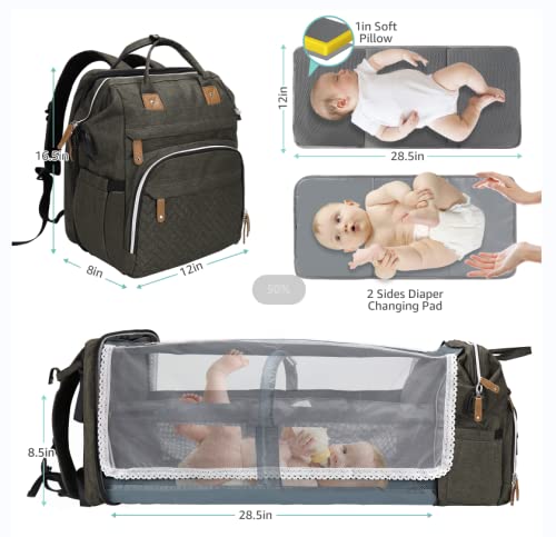 DERJUNSTAR Diaper Bag Backpack, Large Baby Bag with Changing Pad, Thick Padded Back & Straps, Laptop Compartment, Waterproof Travel Backpack with USB Port, Multi-Function for Mom & Dad, Army Green - color: Army Green