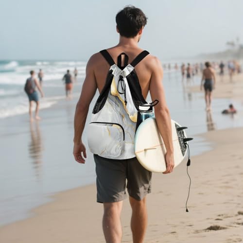 Draw String Back Bag Gym Swim Bag With Inside Pockets Pull String Bag Dry Wet Separation Marble White Grey - color: Color 10