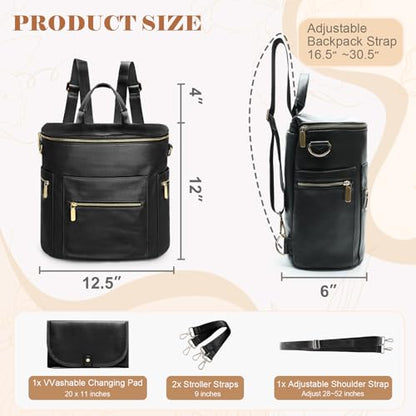 miss fong Diaper Bag Backpack Baby Diaper Bag, Large Leather Diaper Backpack with 16 Pockets Travel Diaper Bag with Diaper Changing Pad, Stroller Straps & 2 Insulated Pockets(Convertible, Black) - color: Black
