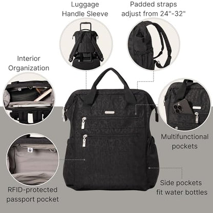 Baggallini City Scape Backpack - 15"x11" Lightweight Work Travel Bag w/Luggage Sleeve & RFID - color: Black Cheetah Emboss