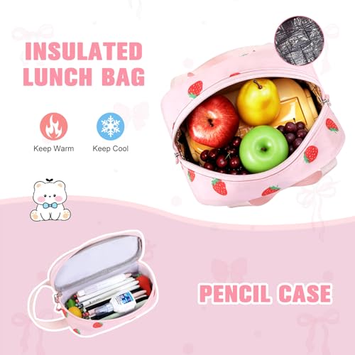 Bevalsa Backpack for Girls 3PCS Teen Girls Pink Backpack for School with Lunch Bag Pencil Case Cute Kids Laptop Backpacks Bookbag for Elementary Middle High School College Student (Strawberry) - color: Pink Strawberry