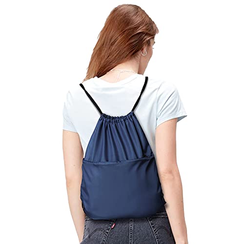 Drawstring Backpack Sports Water Resistant String Bag Sport Gym Sackpack for Women Men Large with Zipper, Navy - color: Navy
