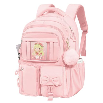 Kids Backpack for Girls, Cute Kawaii Pink Backpacks with Cartoon Doll, Aesthetic Multiple Pockets Bow Bookbag for Elementary Middle High School (Pink)