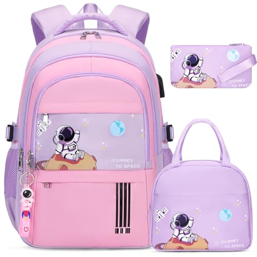 ACESAK Backpack for Girls - Girls Backpack Schoolbag for Kids Children Teens Elementary Middle School Bags, Waterproof Lightweight Kids Bookbag Backpacks Casual Daypack with Lunch Bag Set(Purple Pink) - color: Purple Pink