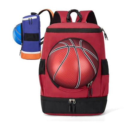 Soccer Backpack with Ball Holder on Outside, Football Volleyball Basketball Backpack with Shoe Compartment and Ball Holder - color: Basketball red