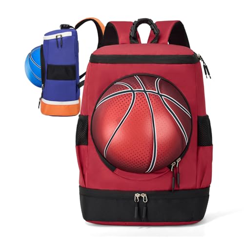Soccer Backpack with Ball Holder on Outside, Football Volleyball Basketball Backpack with Shoe Compartment and Ball Holder - color: Basketball red