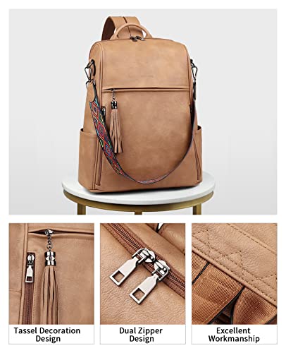 FADEON Leather Laptop Backpack for Women Designer 15.6 inch PU Laptop Bag, Ladies Travel Computer Work Backpack Camel Brown - color: Retro Camel Brown Style