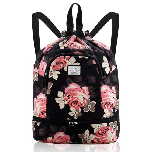 Kamo Drawstring Backpack Bag - Sport Swimming Yoga Backpack with Shoe Compartment, Two Water Bottle Holder for Men Women Large String Backpack Athletic Sackpack for Travel - color: Pink Flower