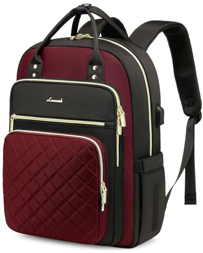 LOVEVOOK Laptop Backpack Purse for Women, 15.6" Laptop Bag for Travel with USB Port, Water Resistant Lightweight Daypacks for College Work Business, Nurse Teacher Computer Backpacks - color: D-black-wine, size: 15.6-Inch