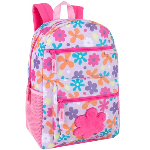 Trail maker 17” Kids Character School Backpacks Plush for Girls with Side Pockets, Padded Straps - color: Plush Floral Frenzy