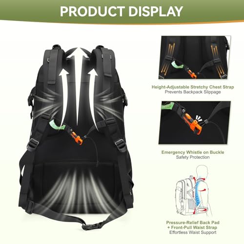 Hiking Backpack for Men Women, 50L Large Capacity Waterproof Mountaineering Backpack, Breathable Outdoor Daypack, Adjustable Trekking Rucksack for Camping Climbing Travel Climbing Travel - color: 50l-black