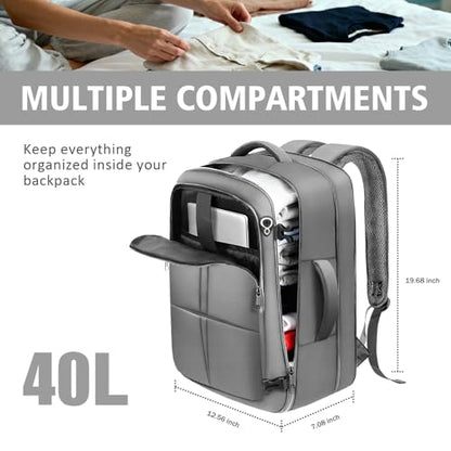 tazbuzo Travel Backpack, Extra Large 50L Flight Approved Carry on Backpack, Expandable Waterproof Business Suitcase Daypack Big Bag Fits 18.4 Inch Laptop, Grey - color: Grey