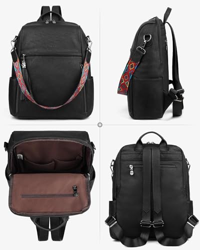 FADEON Womens Backpack Purse Large Designer PU Leather Laptop Backpacks, Ladies Computer Shoulder Bags (3 Black Retro Style, Medium (14-in Height)) - color: 3 Black Retro Style, size: Medium (14-in Height)