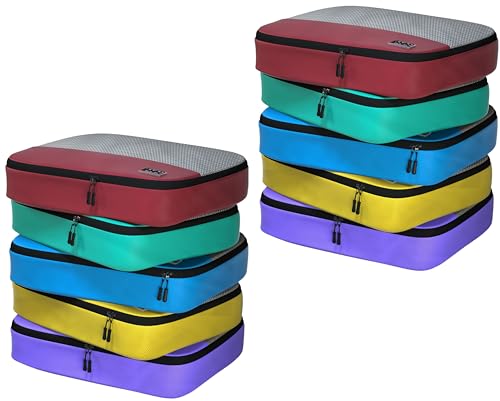 Dot&Dot Large Packing Cubes for Travel 10pc Set - Suitcase Luggage Organizer Bags - Essential Gear for Family - Lightweight Fabric Containers (Non-Compression) - color: Large 10pc - Red/Yellow/Green/Blue/Purple, size: Large