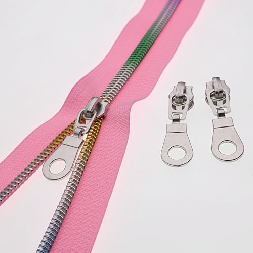 #5 Colorful Metallic Nylon Coil Zipper by Yard,Pink Zipper Tape Bulk 10 Yards with 25pcs Silver Pull for DIY Sewing Craft Bag YIGUANXIN - color: Pink-Colorful