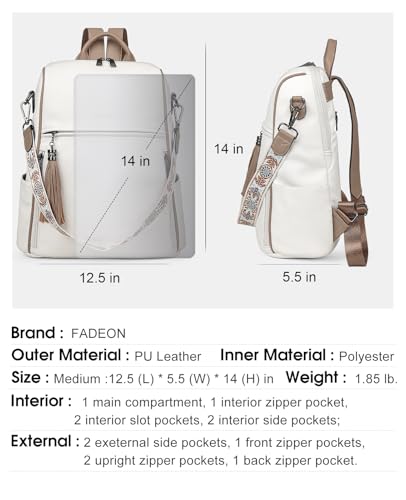 FADEON Leather Backpack Purse for Women Designer Travel Backpack Purses PU Fashion Ladies Shoulder Bag with Tassel - color: 1 White Retro Style