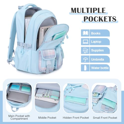 DIGOBAY Backpacks for Girls - 3PCS Girls Backpack with Lunch Box & Pencil Pouch Plaid School Backpacks for Elementary Middle High College School Bookbag for Teen Girl Kids Students Blue - color: Blueplaid