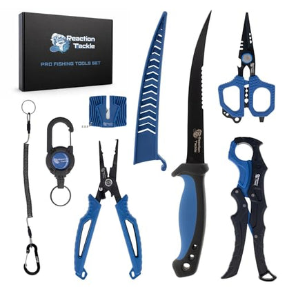 Reaction Tackle 7pc Fishing Tool Kit with Fillet Knife & Sharpener – Stainless Steel Fishing Pliers, Braid Scissors, Floating Fish Lip Gripper, Hook Remover, Lanyard – Freshwater & Saltwater Gear