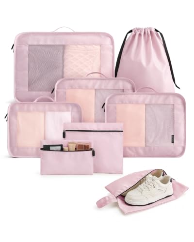 LIGHT FLIGHT 8 Set Packing Cubes for Travel, Durable Travel Essentials for Cruish Ship, Suitcase Organizer Packing Bags (8-Pack 1L+2M+1S+1Shoe bag+2Toiletry Bags+1Laundry Bag) - color: Candy Pink