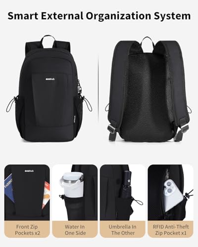 ECOHUB Mini Anti-Theft RFID Backpack for Women and Men, Water-Resistant, Lightweight Travel Daypack with iPad Sleeve, Key Holder, 9 Pockets, Daily Short Trips, Black - color: Black
