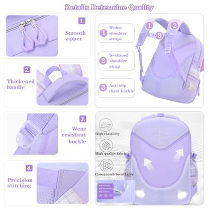 NSEQB Girls Backpack,Kids School Backpack With Lunch Box Pencil Case Set,Cute Childrens Schoolbag For Girls - color: Purple-3PCS