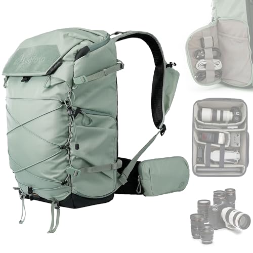 LEOFOTO 35L Camera Backpack for Photographer, Lightweight Waterproof Travel Camera Bag for Camera/Drone/15.6" Laptop, Photopraphy Bag with Side Access & Rain Cover, Tripod Compatible, 2.95KG (GREEN) - color: 35lbag+large Insert-green