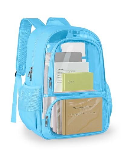 KIMNERPU Clear Backpack, Fabric & PVC Transparent Backpack with Reinforced Strap for Women Men, Heavy Duty Transparent Bookbag, Large Capacity Clear Bag, Travel, Security, Blue - color: Blue, size: Large