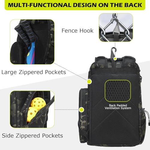 HAMBOLY Premium Pickleball Bag for Men & Women — Large Pickleball Backpack with Padded Paddle Pocket & Shoe Compartment, Tournament Ready with Insulated Cooler & Fence Hook - color: Dark CM