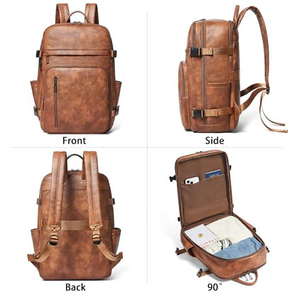 Vegan Leather Backpack for Women and Men, Fits 17.0" Laptop, Stylish Lay-Flat Carry-on Travel Backpack with Luggage Strap for Travel and Daily Use - color: 2-1 Brown