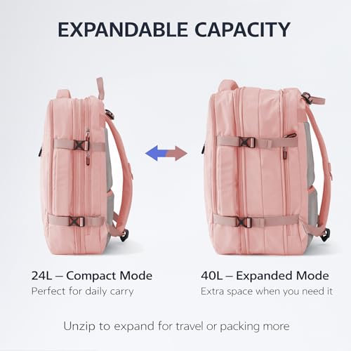 Travel Backpack, Expandable Large Capacity Business Work, Water Repellent Carry On Daypack with USB Charging Port, Fit 17 Inch Laptop, Bag for Men and Women, Pink - color: Pink