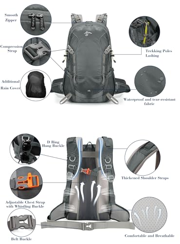 Long Keeper 40L Hiking Backpack Camping Daypack with Waterproof Rain Cover Lightweight Outdoor Sport Travel Backpack Rucksack (Grey) - color: Grey