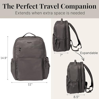 Baggallini Tribeca Expandable Laptop Backpack - 15"x11" Lightweight RFID Computer Bag for Work & Travel with Luggage Sleeve - color: Smoke Twill