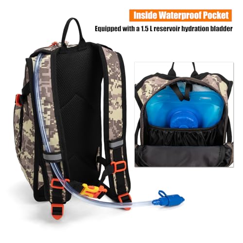 Kids Hydration Backpack, Water Hiking Backpack for Boys or Girls with 1.5L Reservoir Bladder - color: Grey Print