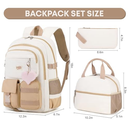 3PCS Student Backpack For School Women College Middle High Teen Girls Bookbag Waterproof Laptop Bag Beige Khaki - color: Beige Khaki