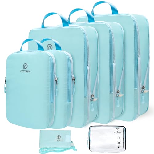 PFEYRPK Lightweight Compression Packing Cubes for Suitcases, Compressible Expandable Travel Packing Organizer with Clear Toiletries and Backpack Bag, Travel Essentials for Carry on Luggage 7 Set - color: Blue/White, size: 7 Set