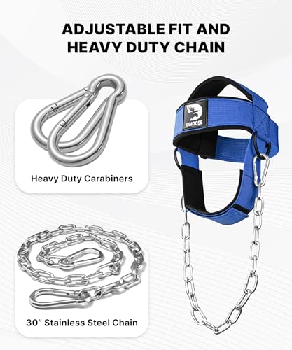 DMoose Fitness Neck Harness for Weight Lifting - Soft Padded Head & Chin Strap with 30" Heavy Duty Steel Chain - Neck Exerciser, Trainer & Strengthener to Support Injury Recovery and Intense Workouts - color: Blue