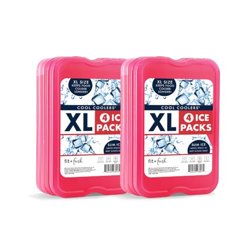 Cool Coolers by Fit & Fresh 4 Pack XL Slim Ice Packs, Quick Freeze Space Saving Reusable Ice Packs for Lunch Boxes or Coolers - color: Pink (8 Pack)